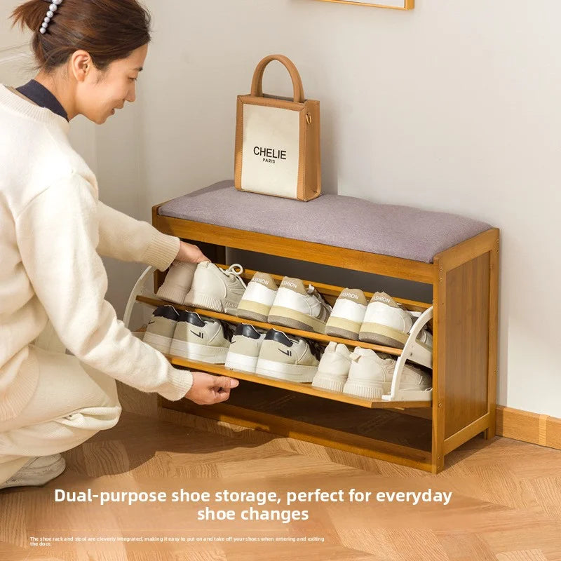 Simple bamboo and wood shoe cabinet, flip bucket storage cabinet, shoe changing bench, bench, rattan breathable shoe cabinet