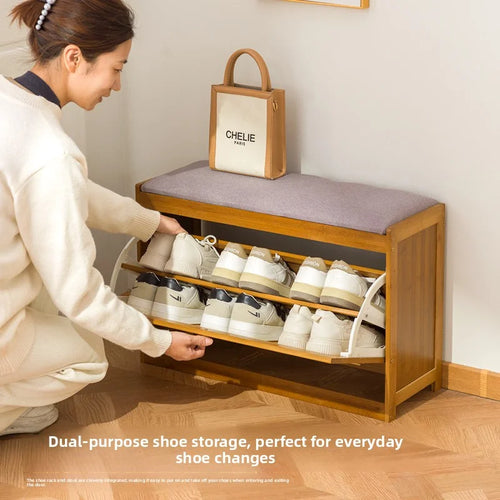 Bamboo and wood shoe cabinet with open shelving