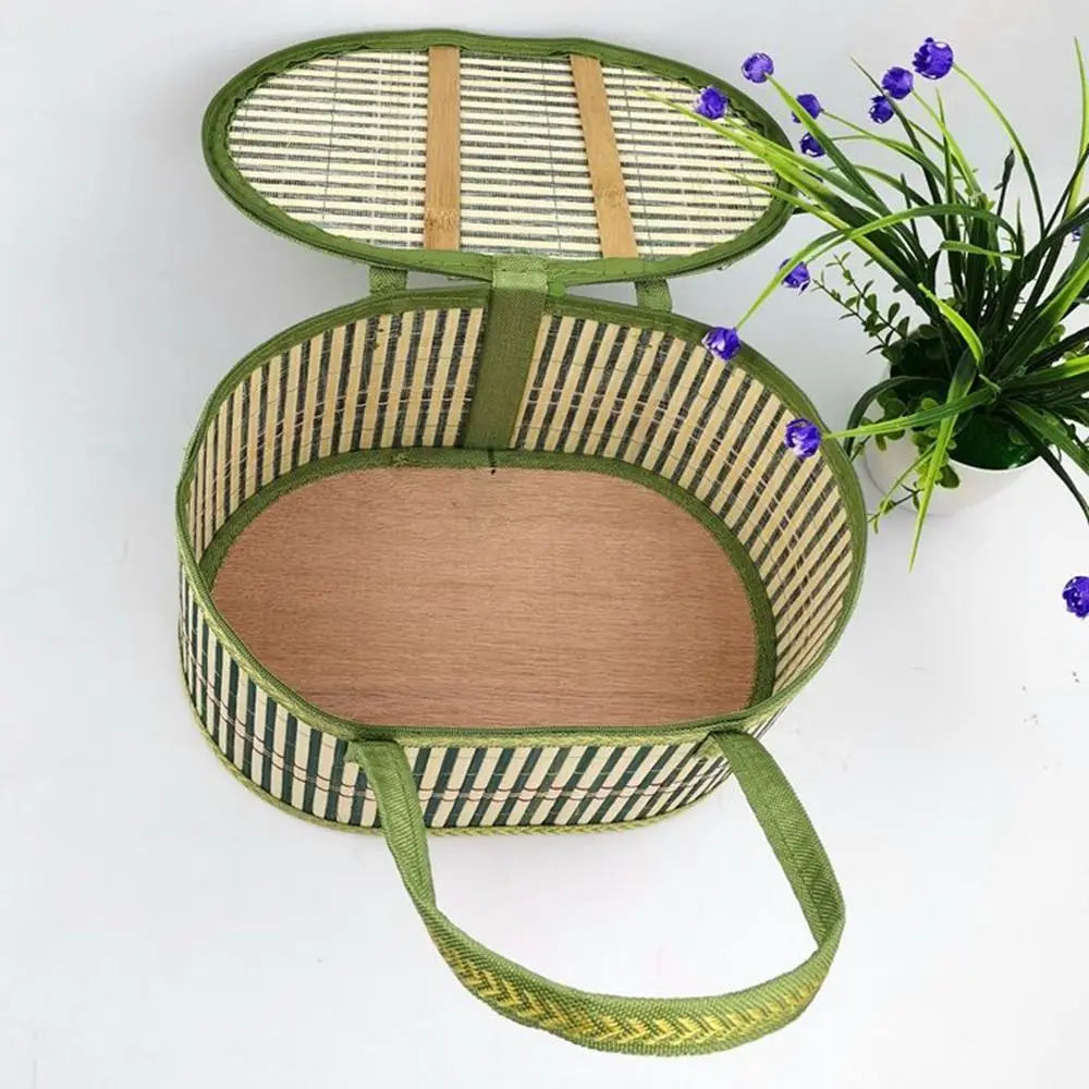 Handheld Elliptical Bamboo Basket Eco-friendly with Lid Foldable Storage Basket Pastoral Style Sundries Snacks Basket Camping