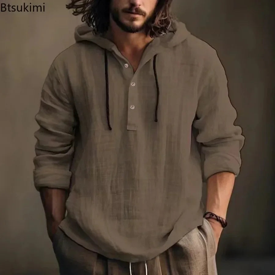 New2026 Men's Casual Cotton Linen Shirts Hoodies Comfortable Breathable Solid Pullovers Tops Soft Daily Wear Men's Clothing Tops