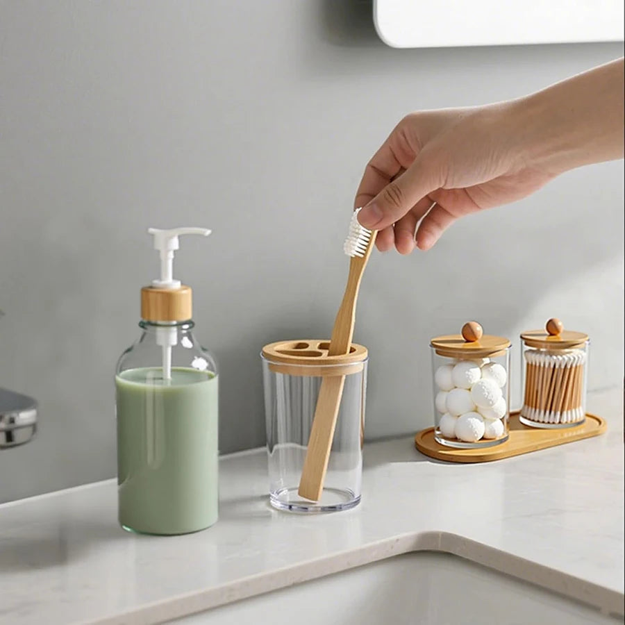 5 Pack Bamboo Bathroom Accessories Set with Tray - Plastic Soap Dispenser Clear Toothbrush Holder and 2 Qtip Holder Cotton Ball
