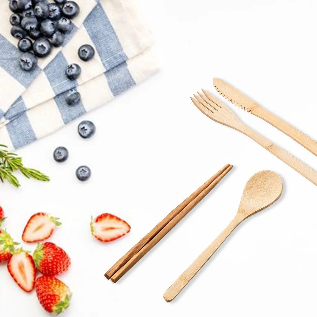 Bamboo Travel Tableware Reusable Bamboo Cutlery Set with Carrying Case Portable Wooden Dinnerware Bamboo Charcoal Toothbrush