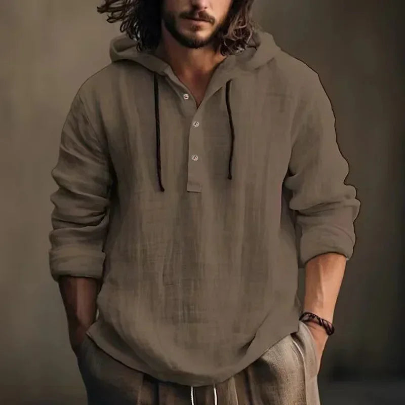 New2026 Men's Casual Cotton Linen Shirts Hoodies Comfortable Breathable Solid Pullovers Tops Soft Daily Wear Men's Clothing Tops
