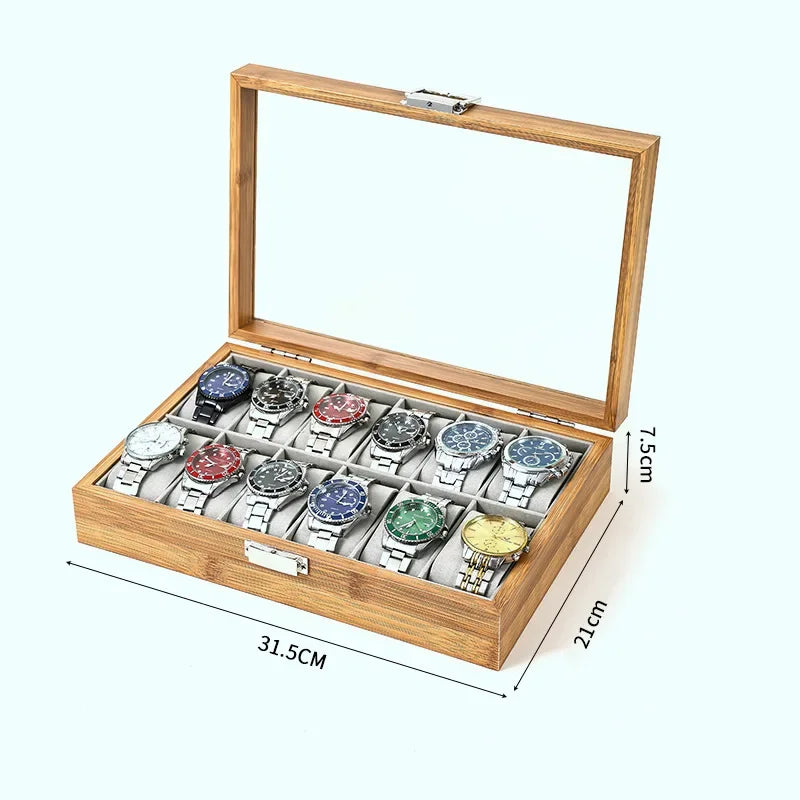 Bamboo Watch Storage Box Organizer - Handmade Festive Gift Display Case for 3/6/10/12 Watches Clock Grids