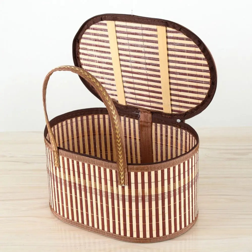 Handheld Elliptical Bamboo Basket Eco-friendly with Lid Foldable Storage Basket Pastoral Style Sundries Snacks Basket Camping