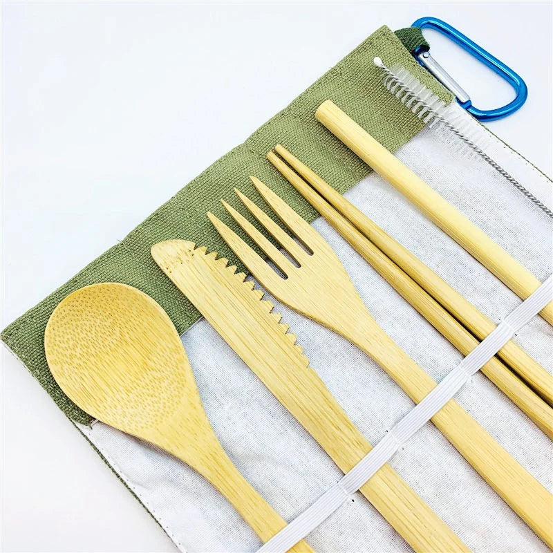 Bamboo Travel Tableware Reusable Bamboo Cutlery Set with Carrying Case Portable Wooden Dinnerware Bamboo Charcoal Toothbrush