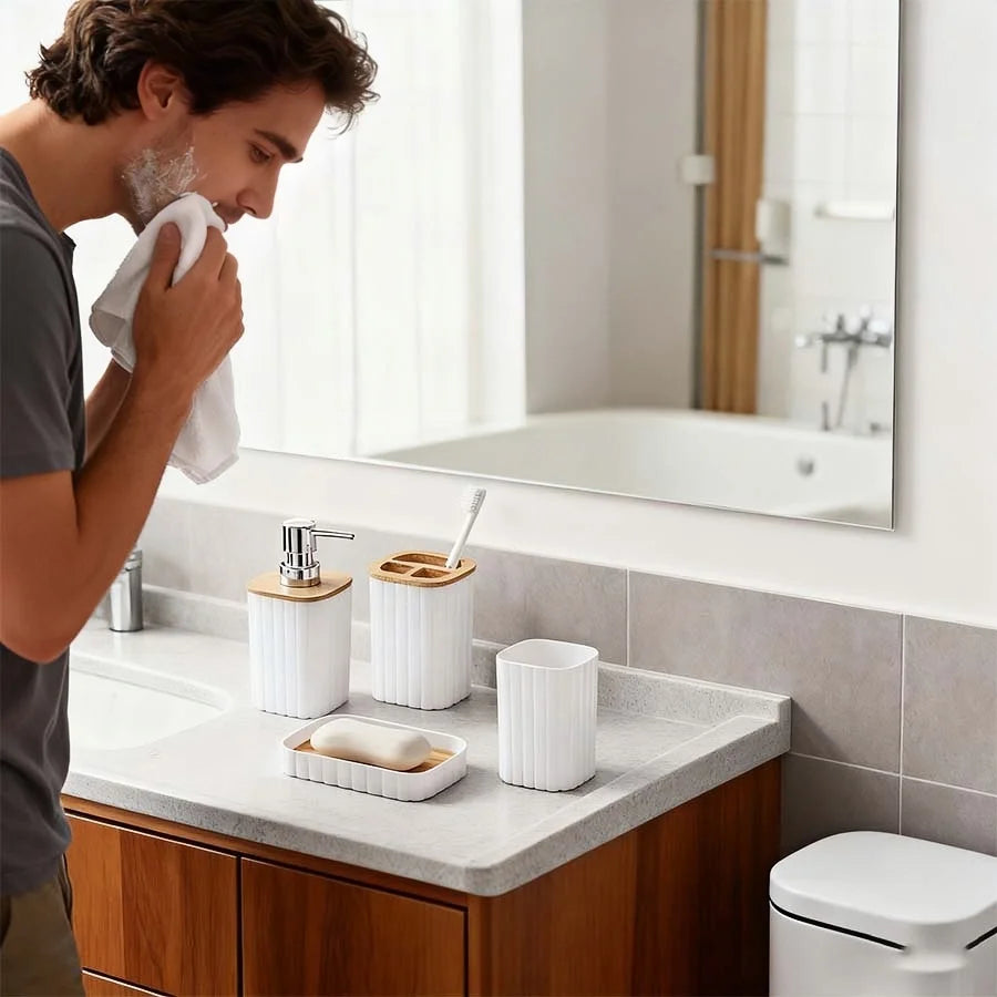 4 pcs White Bamboo Bathroom 4-Piece Set: Soap Dispenser, Toothbrush Holder, Mouthwash Cup, Soap Dish