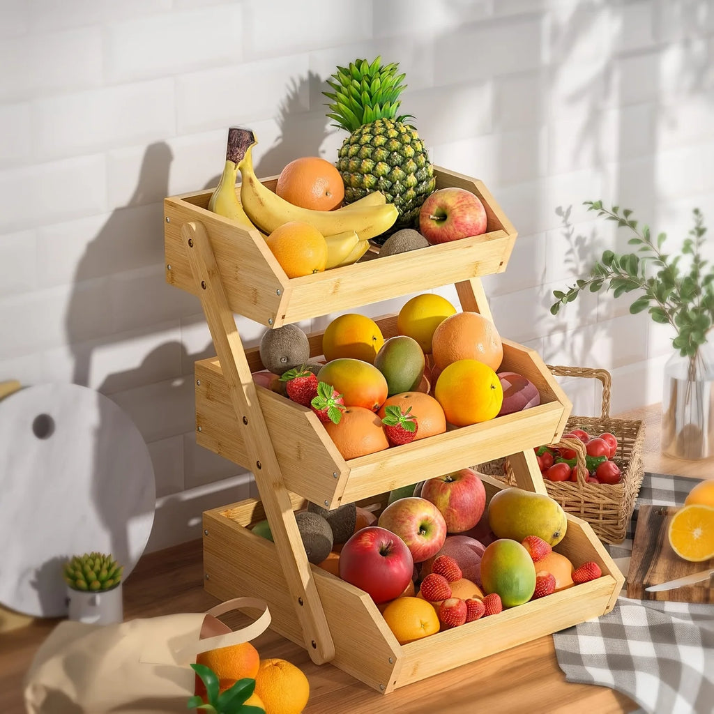 Bamboo and wood three-layer fruit basket, drainage rack, double-layer assembled fruit tray, three-layer kitchen storage rack