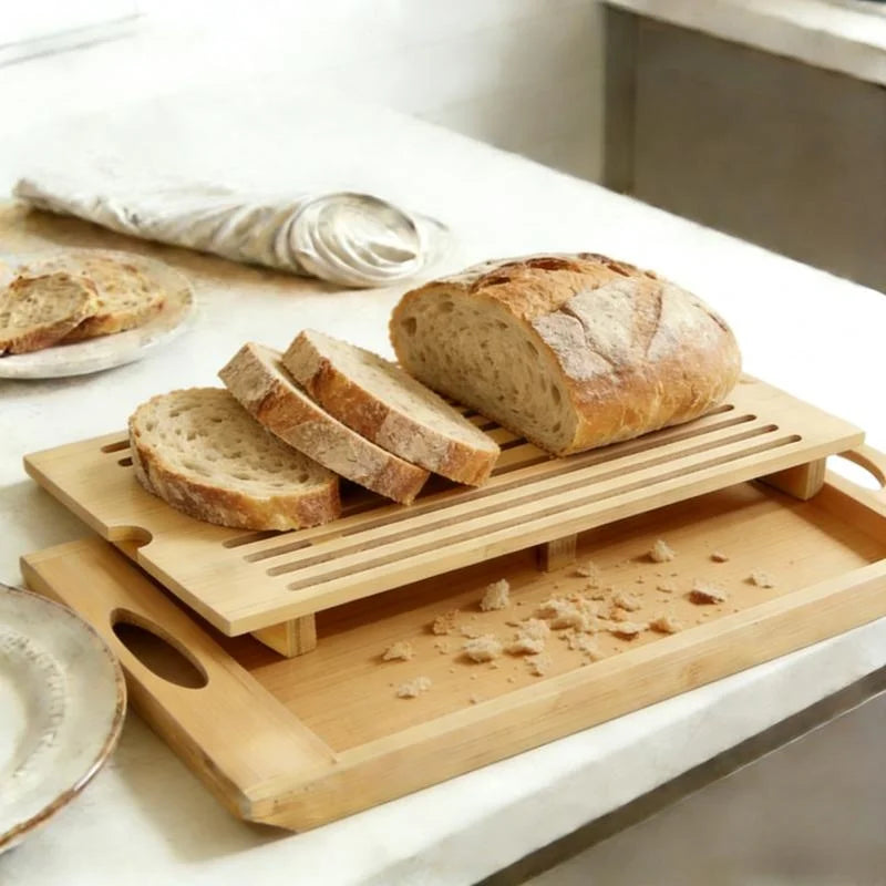 Bamboo Bread Cutting Board with Crumb Tray - Double Layer Wooden Bread Slicer with Handle, Kitchen Countertop Bread Storage Tray