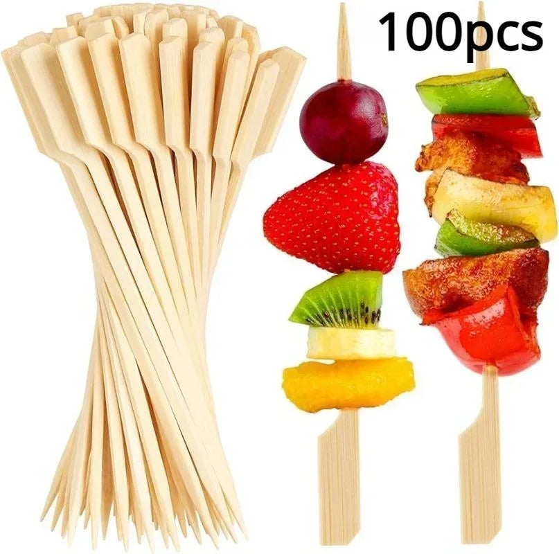 Wooden BBQ Skewers Hamburger Garnish Bamboo Sticks 12cm Disposable Forks Barbecue Sandwich Fruit Cooking Tools Party Accessories
