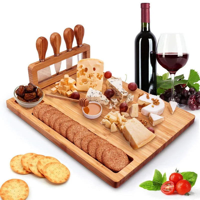 Large Bamboo Cheese Board With 4 Knives Chopping Board Set For Weddings, Birthdays, Christmas Kitchen Wooden Chopping Board