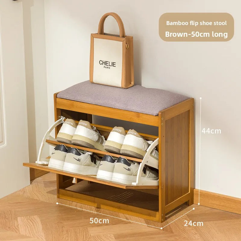 Simple bamboo and wood shoe cabinet, flip bucket storage cabinet, shoe changing bench, bench, rattan breathable shoe cabinet