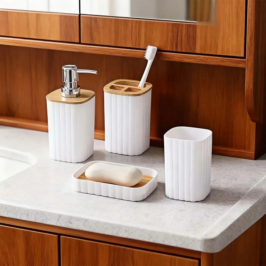 4 pcs White Bamboo Bathroom 4-Piece Set: Soap Dispenser, Toothbrush Holder, Mouthwash Cup, Soap Dish