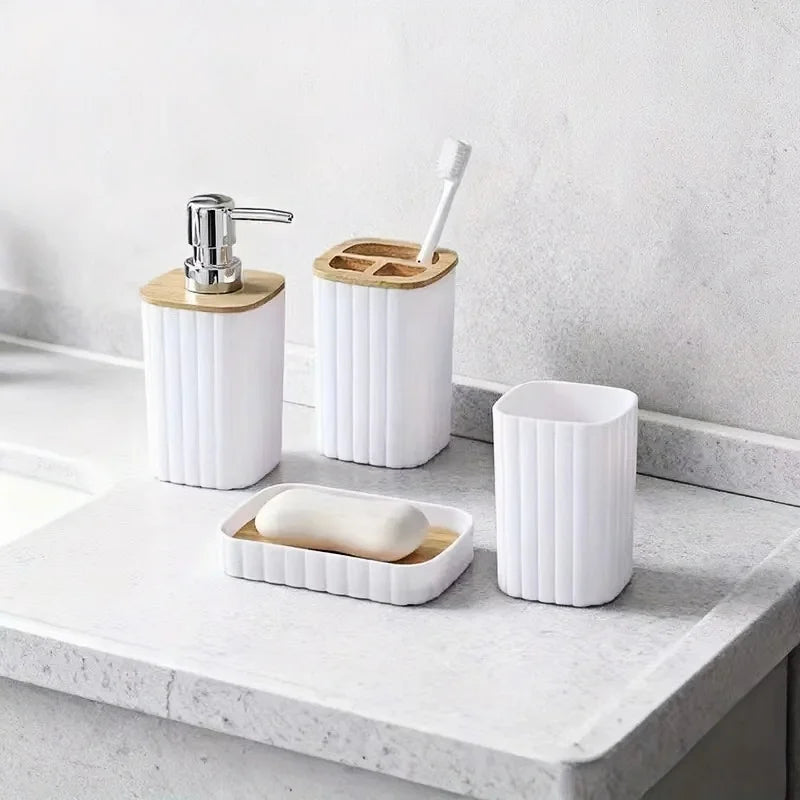 4 pcs White Bamboo Bathroom 4-Piece Set: Soap Dispenser, Toothbrush Holder, Mouthwash Cup, Soap Dish