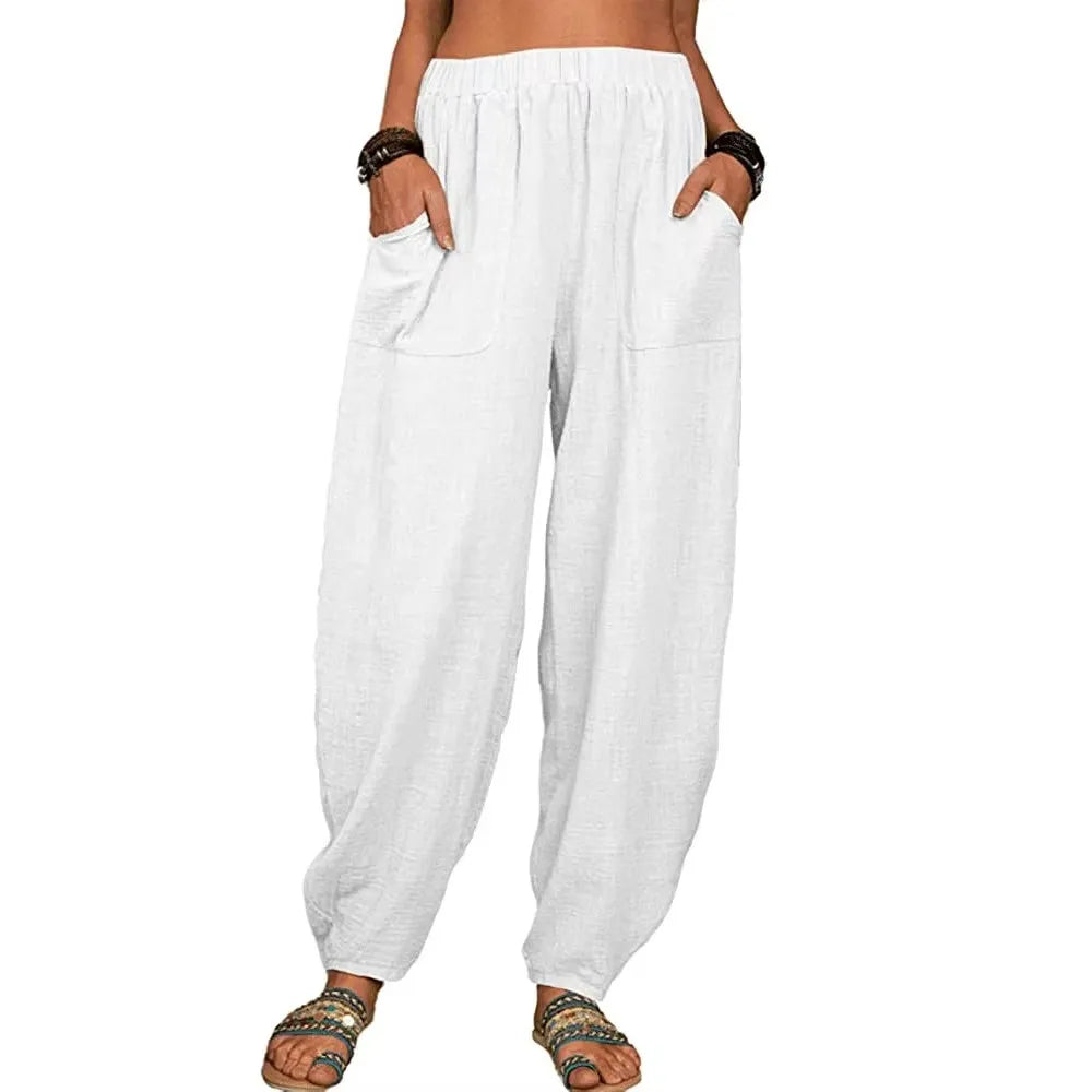 Women Cotton hemp Pants Summer Casual Vintage Pockets Thin Beach Trousers Female Elastic Waist Wide Leg Retro Loose Harem Pants