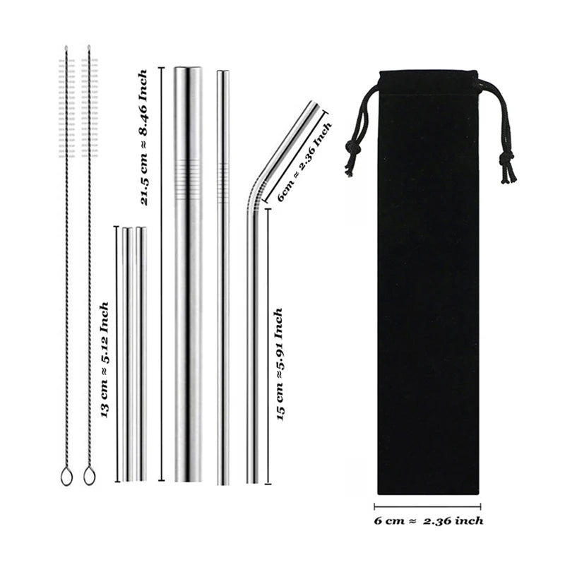 Reusable Metal Straws Set 304 Stainless Steel Drinking Straw for Bubble Tea with Bursh Portable Bag Eco Friendly Products