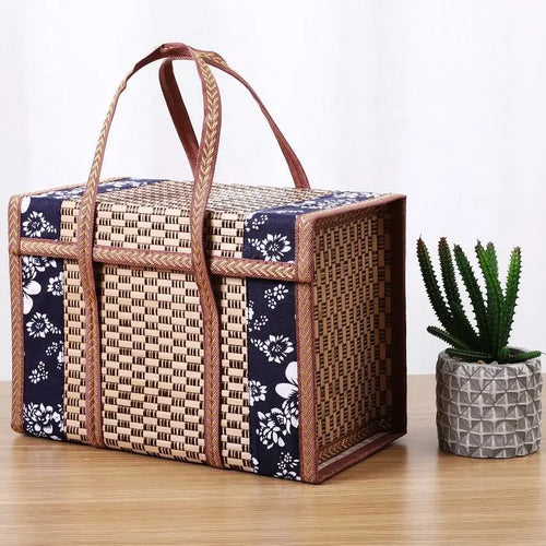 1pc Handcrafted Bamboo Picnic Basket With Handles, Rectangular Retro Style Foldable Bamboo Bag For Snacks & Fruits, Portable Wov