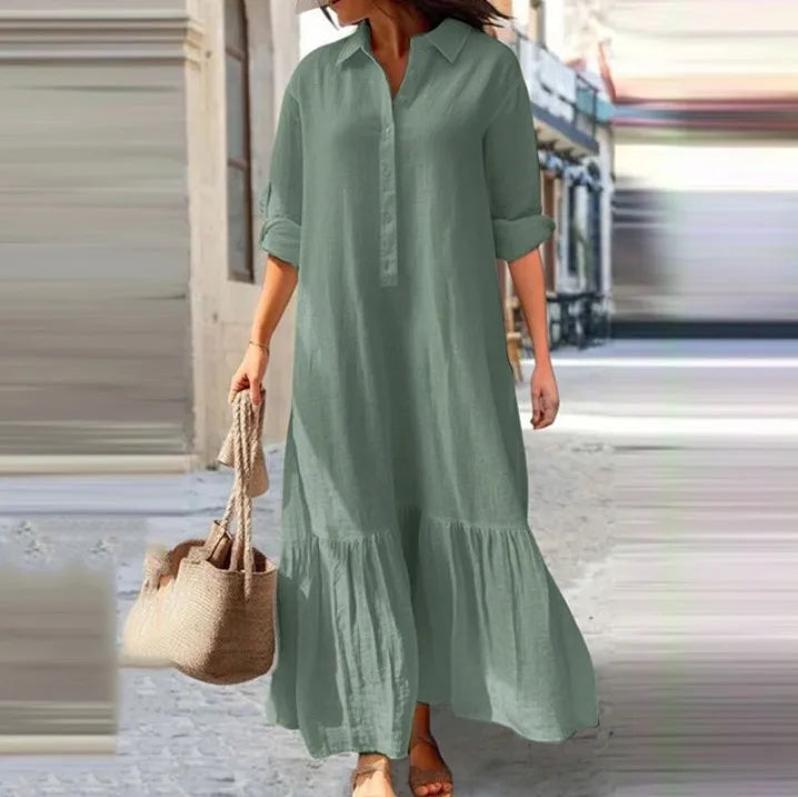 2025 New Cotton Hemp Women's Long Dresses Shirt Collar Twisted Buckle Casual Robe Femmes