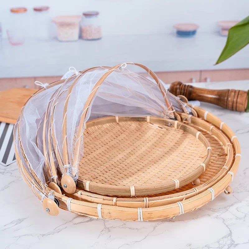 Bamboo Woven Basket Anti-Mosquito Net Fruit Vegetable Basket Dustpan Tent Basket Tray Portable Outdoor Picnic Mesh Net Cover