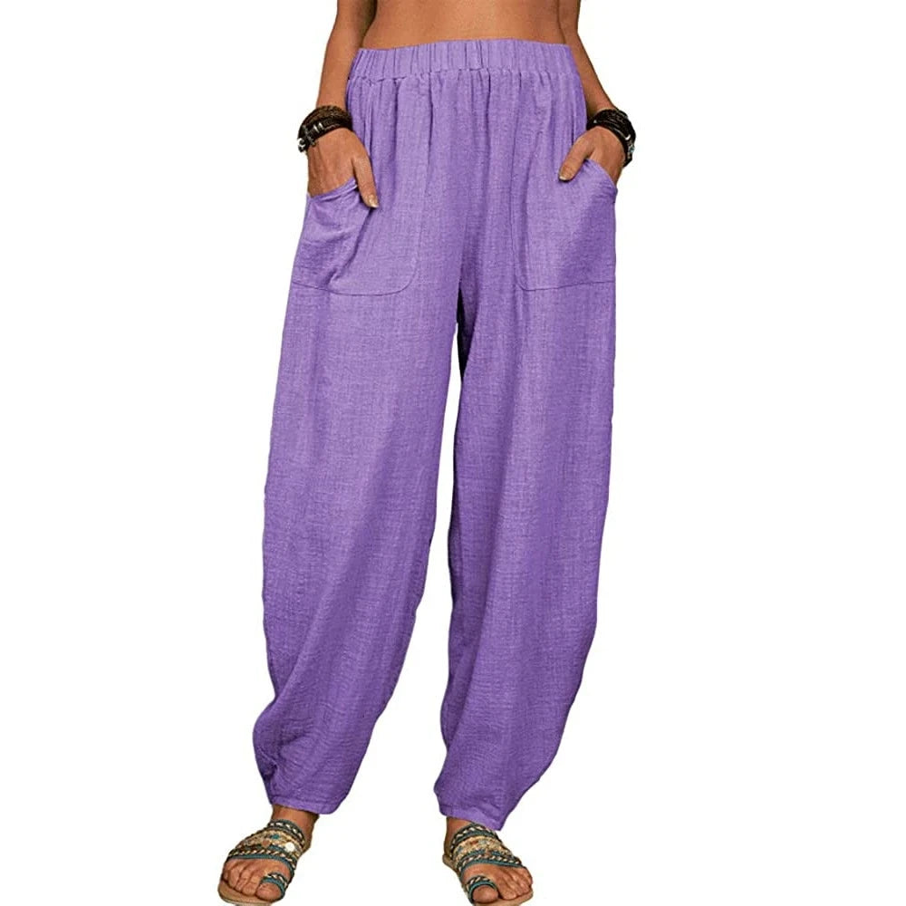 Women Cotton hemp Pants Summer Casual Vintage Pockets Thin Beach Trousers Female Elastic Waist Wide Leg Retro Loose Harem Pants