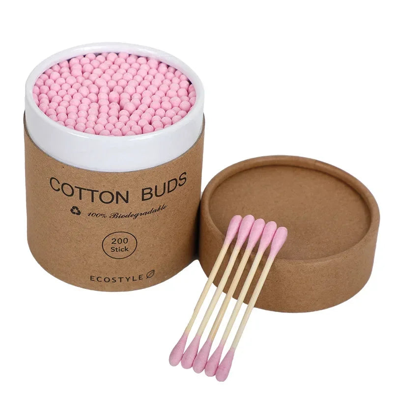 200Pcs Bamboo Cotton Swab Wood Sticks Soft Cotton Buds Cleaning of Ears Tampons Health Beauty Disposable Colored Cotton Swabs