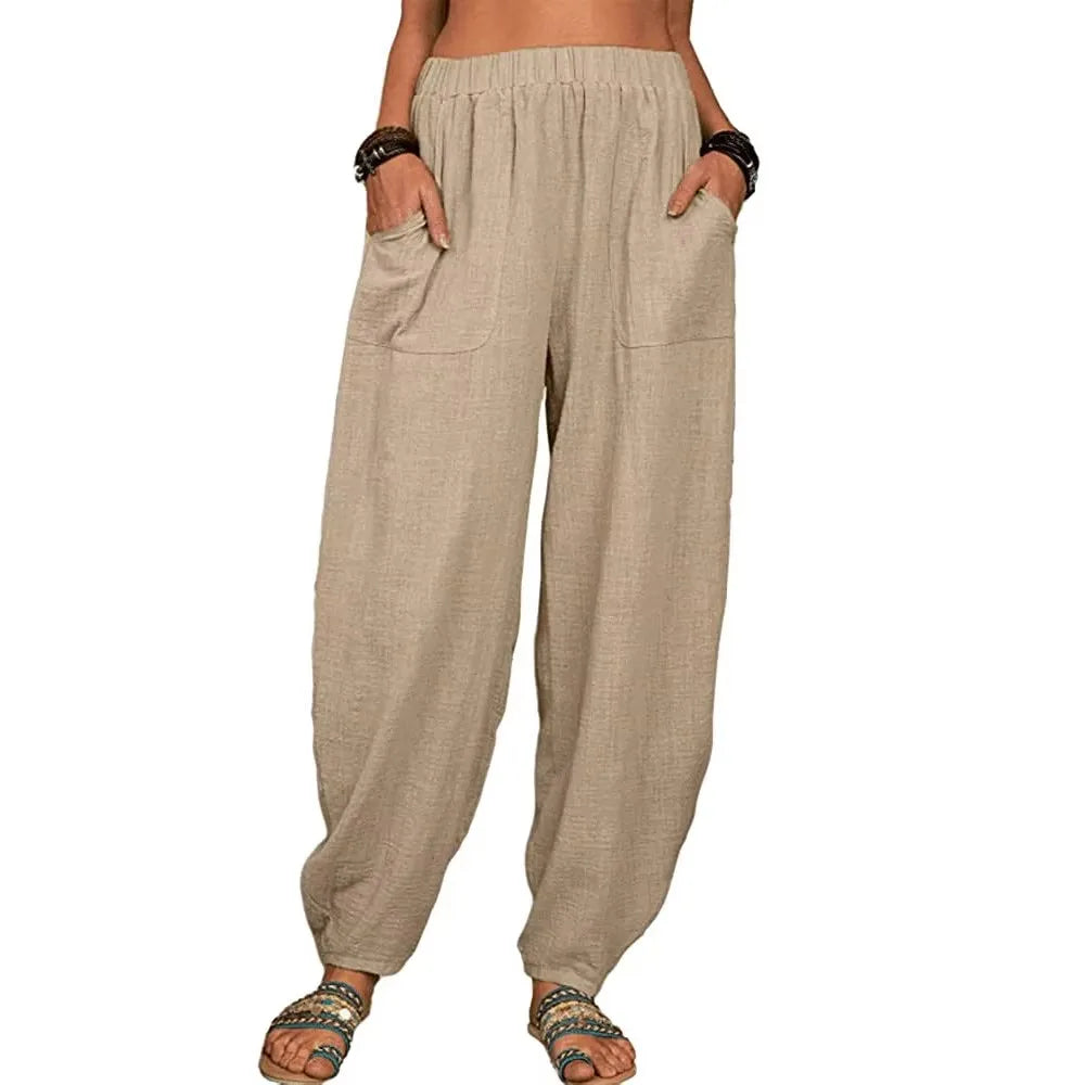 Women Cotton hemp Pants Summer Casual Vintage Pockets Thin Beach Trousers Female Elastic Waist Wide Leg Retro Loose Harem Pants