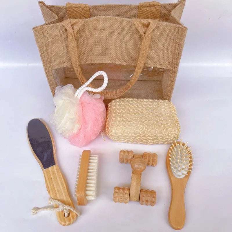 Hemp & Wooden Set 7-Piece with Exfoliating Balls Scrubbing Towels & Bath Brush - Eco-Friendly Spa Gift Set in Natural Fiber Bag