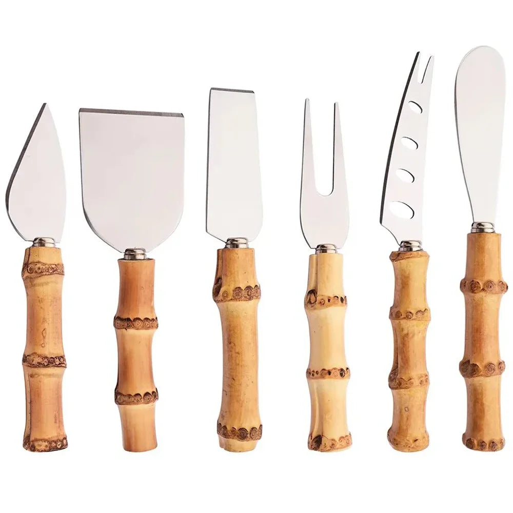 6Pcs Cutlery Set Stainless Steel Silver Natural Bamboo Handle Cheese Knife Cheese Knife Cheese Cutter Set Kitchen Accessories
