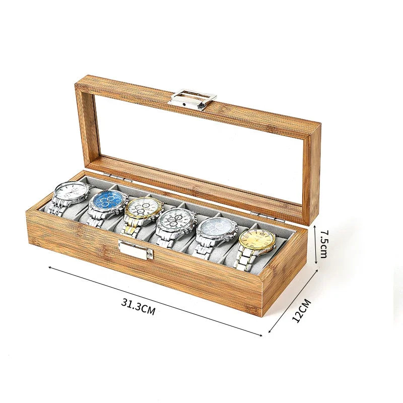 Bamboo Watch Storage Box Organizer - Handmade Festive Gift Display Case for 3/6/10/12 Watches Clock Grids