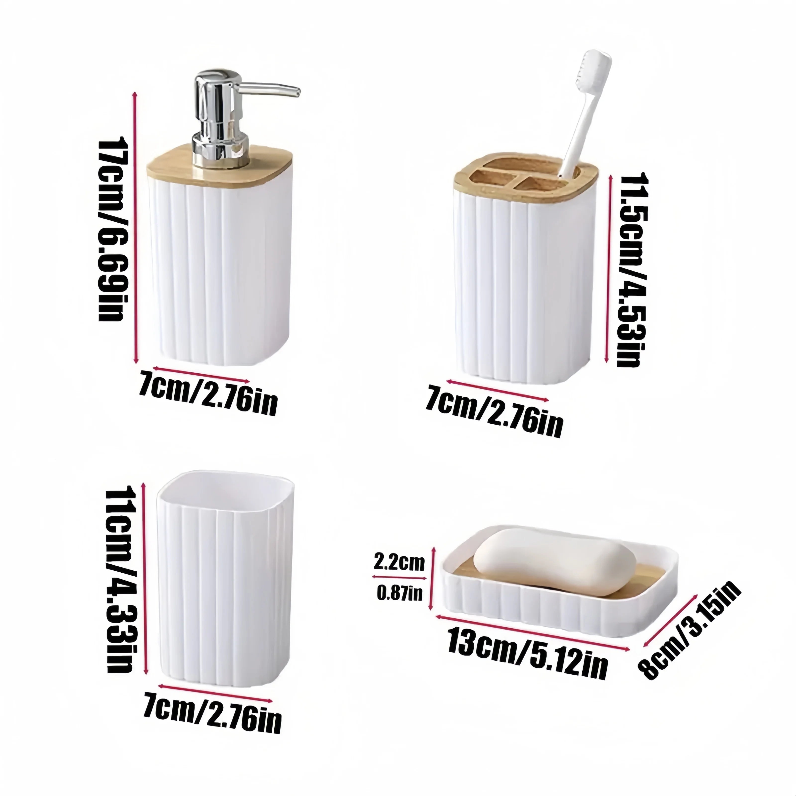 4 pcs White Bamboo Bathroom 4-Piece Set: Soap Dispenser, Toothbrush Holder, Mouthwash Cup, Soap Dish