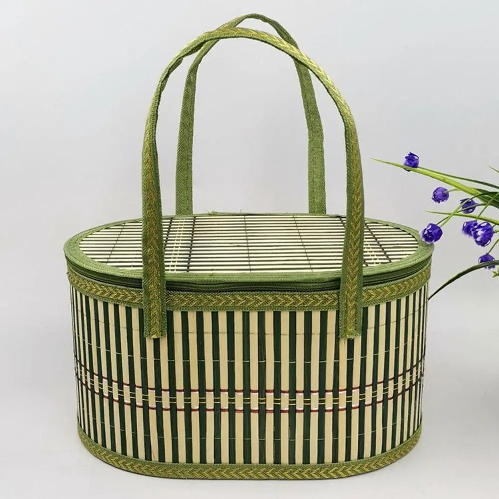 Handheld Elliptical Bamboo Basket Eco-friendly with Lid Bamboo Braided Basket Pastoral Style Sundries Snacks Basket Camping