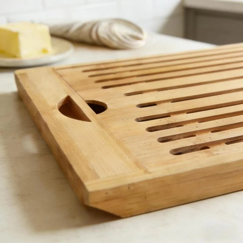 Bamboo Bread Cutting Board with Crumb Tray - Double Layer Wooden Bread Slicer with Handle, Kitchen Countertop Bread Storage Tray