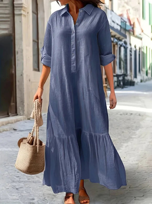 2025 New Cotton Hemp Women's Long Dresses Shirt Collar Twisted Buckle Casual Robe Femmes