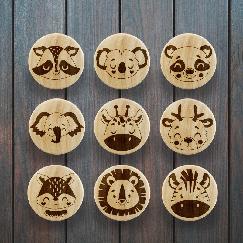 Eco-Friendly Wooden Engraved Animals Pattern Dresser Drawer Knobs Cabinet Pull Nature Wood Kids Children Room Furniture Handles
