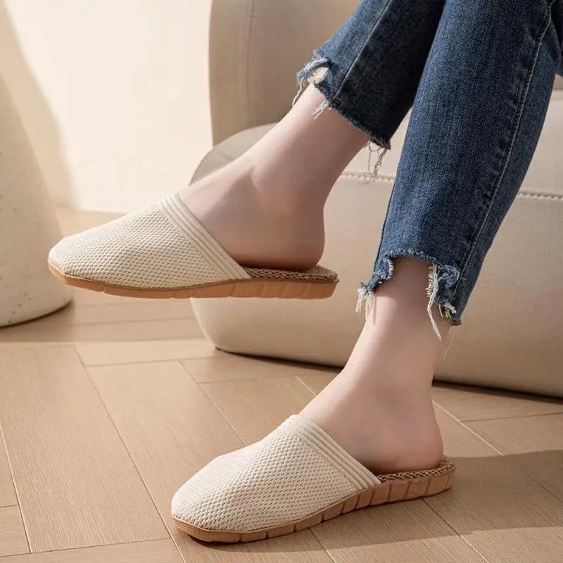 Mesh Casual Women's Slippers Home Designer Sandals Flat Summer Hemp Closed-Toe Shoes Ladies Elegant Indoor Slides Non-Slip Floor