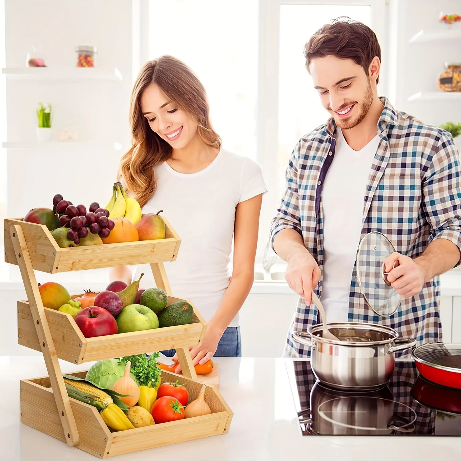 Bamboo and wood three-layer fruit basket, drainage rack, double-layer assembled fruit tray, three-layer kitchen storage rack