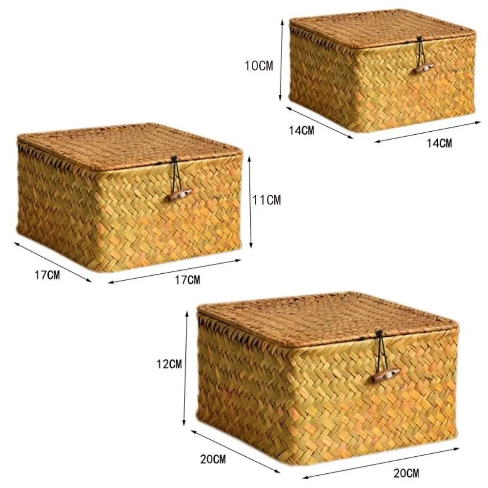 Eco-Friendly Sea Grass Wicker Shelf Baskets Weaving with Lid Storage Bins Handwoven Rectangular Storage Box Home Organizer