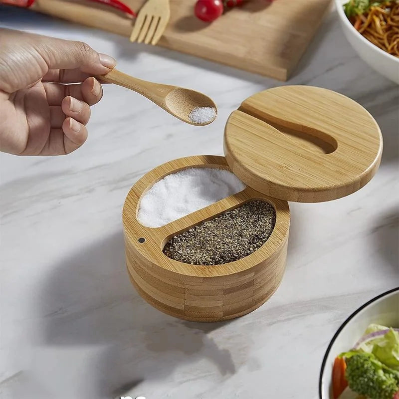 New Kitchen Convenience Tools Bamboo Salt Jar Kitchen Seasoning Bottle Circular Bamboo Seasoning Box Spice Rack Accessories