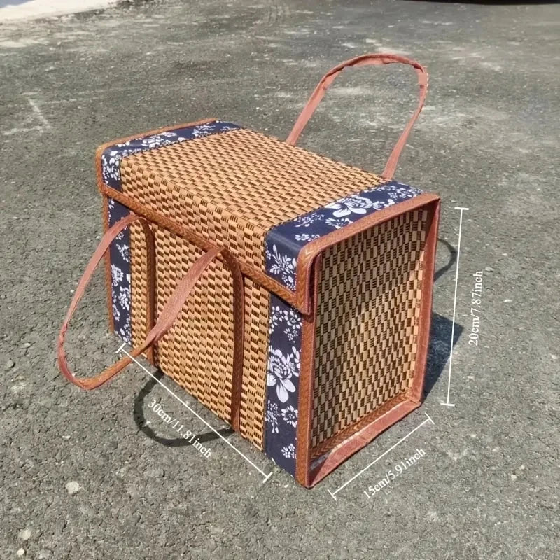 1pc Handcrafted Bamboo Picnic Basket With Handles, Rectangular Retro Style Foldable Bamboo Bag For Snacks & Fruits, Portable Wov