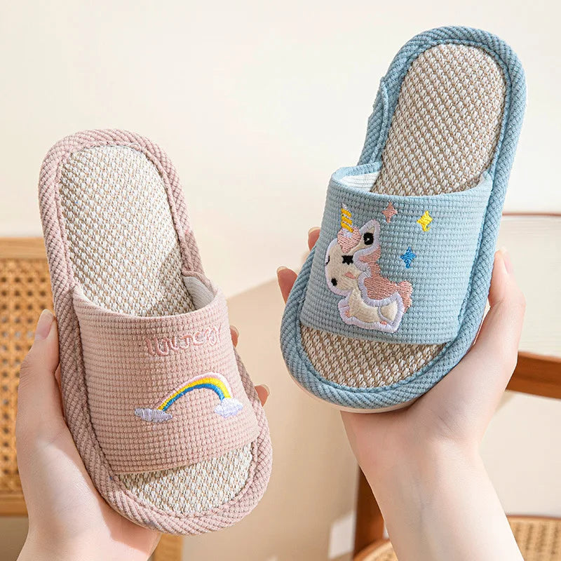 Hemp Cartoon Slippers Children Home Flats Casual Spring Summer Luxury Designer Shoes Girls Rainbow Fashion Indoor Slides Soft