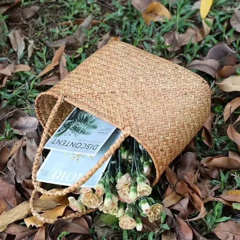 Rural style handmade bamboo woven handbag suitable for beach vacations, camping, and picnics, Available in 2 sizes