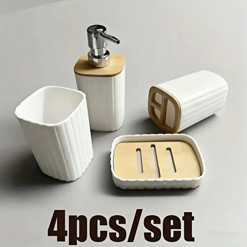 4 pcs White Bamboo Bathroom 4-Piece Set: Soap Dispenser, Toothbrush Holder, Mouthwash Cup, Soap Dish