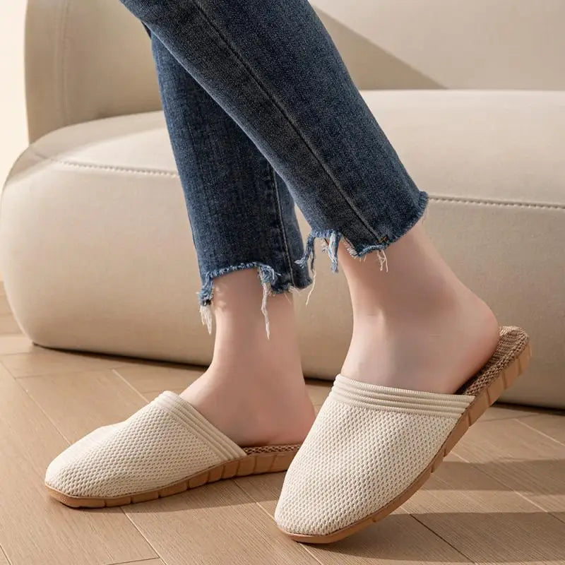 Mesh Casual Women's Slippers Home Designer Sandals Flat Summer Hemp Closed-Toe Shoes Ladies Elegant Indoor Slides Non-Slip Floor