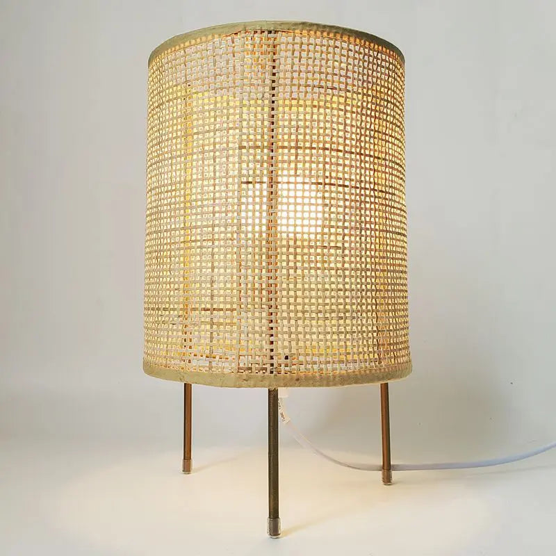 Bamboo Rattan Table Lamp Stepless Dimmable Small Beside Lamp Vintage Rattan Wooden Nightstand Lamp Bamboo Woven