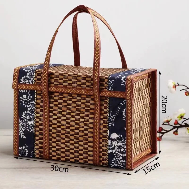1pc Handcrafted Bamboo Picnic Basket With Handles, Rectangular Retro Style Foldable Bamboo Bag For Snacks & Fruits, Portable Wov