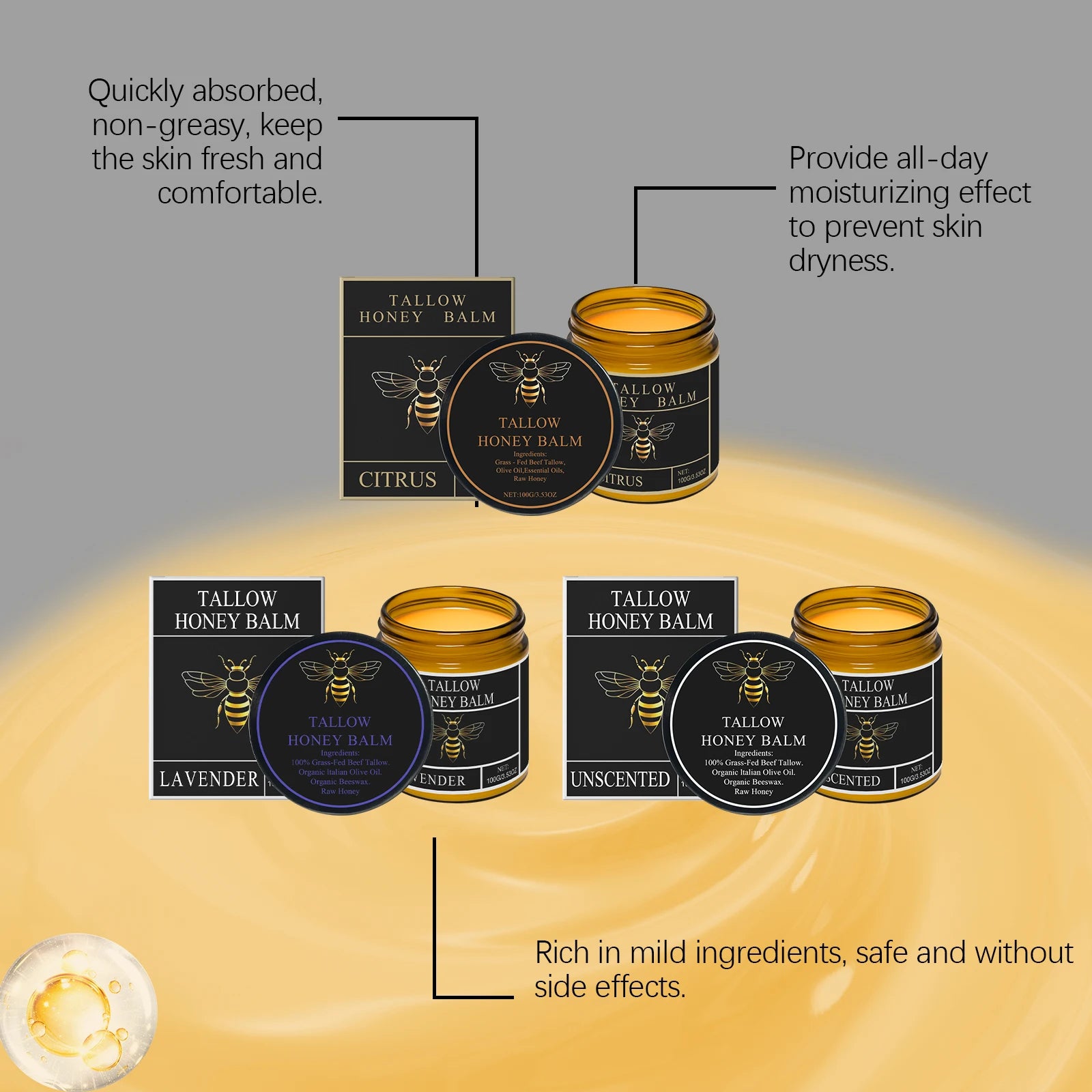 Organic Grass-Fed Beef Tallow Balm with Raw Honey Soft Smooth Skin Lavender Citrus Whipped Anti-Aging Face Body Moisturize Cream
