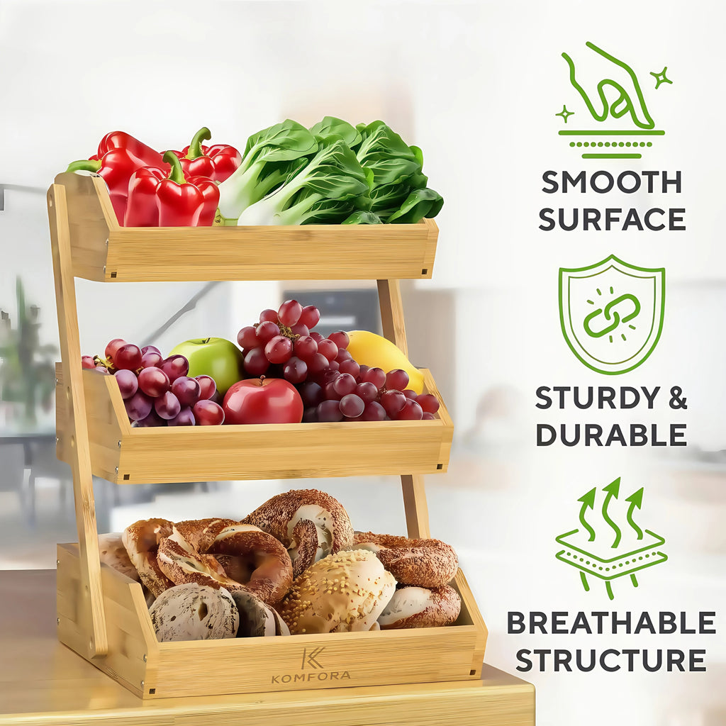 Bamboo and wood three-layer fruit basket, drainage rack, double-layer assembled fruit tray, three-layer kitchen storage rack