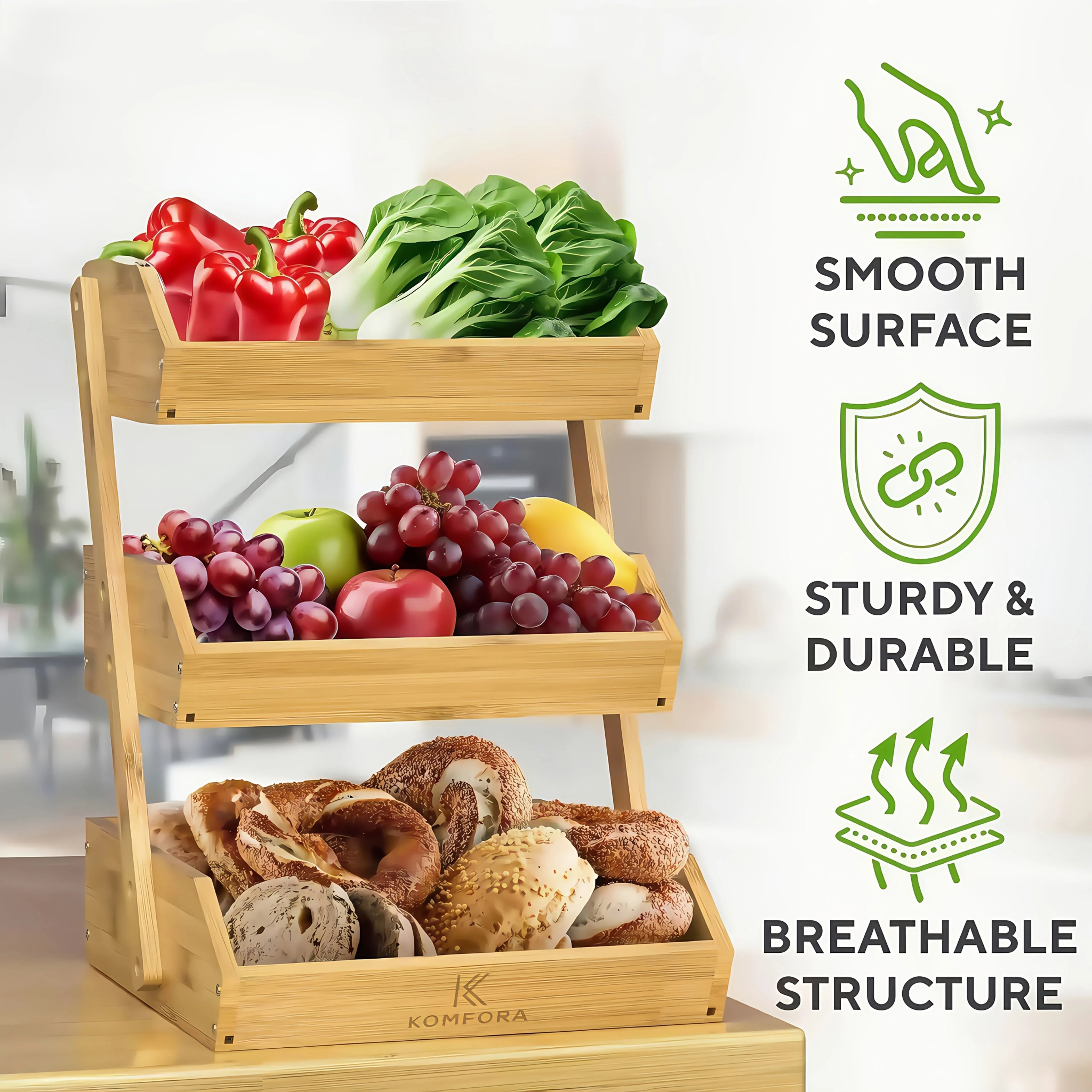 Bamboo and wood three-layer fruit basket, drainage rack, double-layer assembled fruit tray, three-layer kitchen storage rack