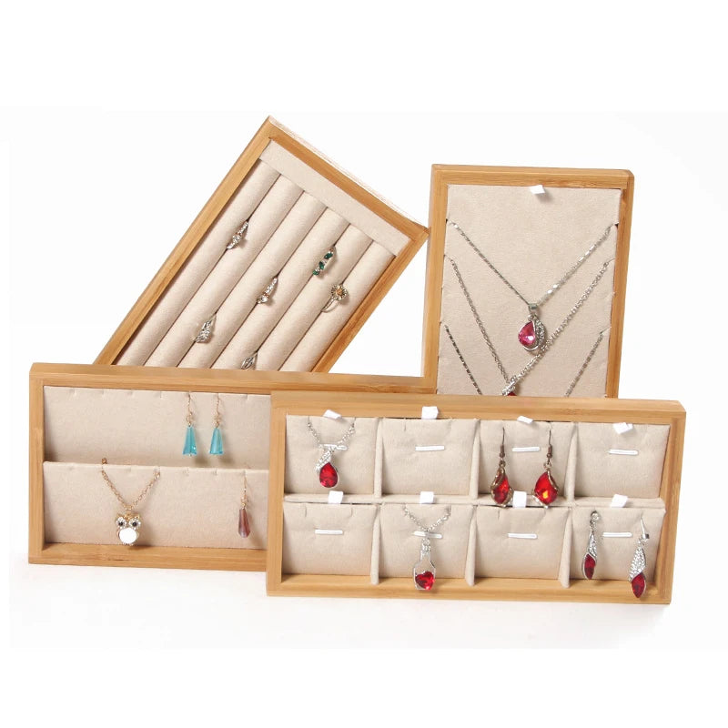 Natural Bamboo Solid Wood Jewelry Display Tray Necklace Ring Earring Storage Box Jewelry Display Plate