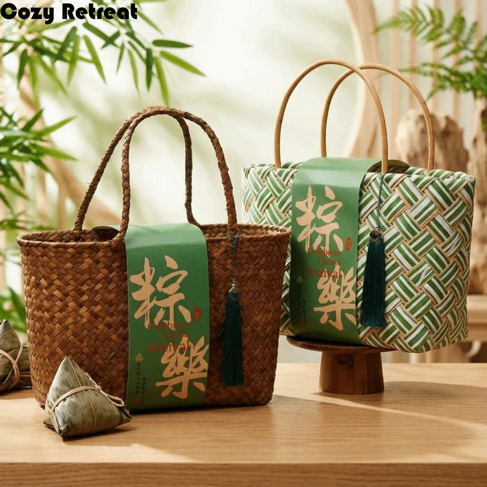 Bamboo Zongzi Packaging Box Chinese Style Handheld Handwoven Storage Basket Eco-friendly Shopping Bag Mid Autumn Festival